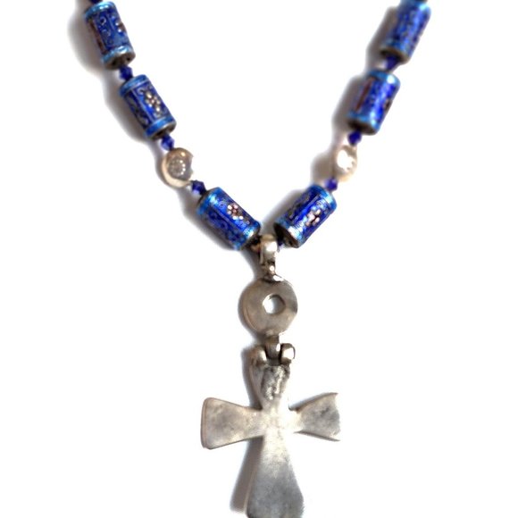 RARE 100+ Year Old Hinged Aksum Coptic Cross Enamel Bead Necklace - Picture 1 of 6